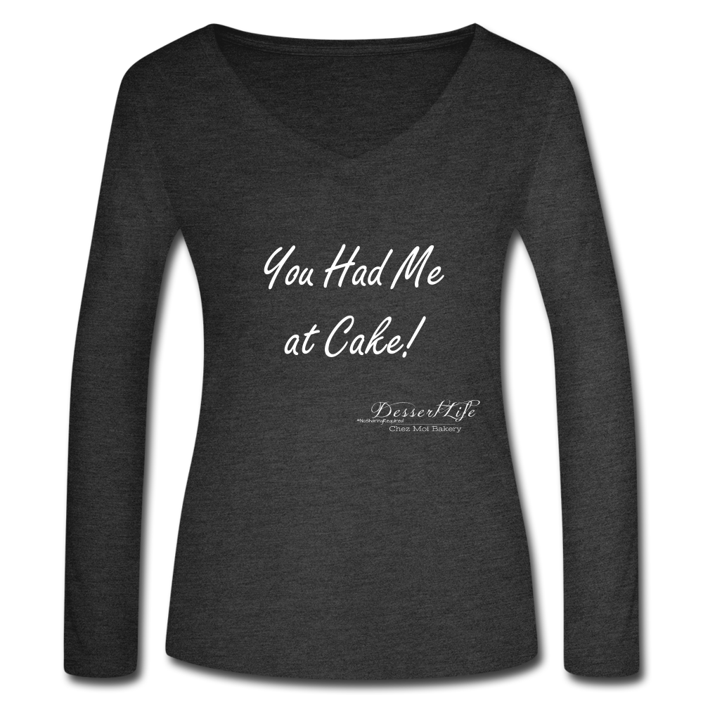 You Had Me at Cake - Women’s Long Sleeve  V-Neck Flowy Tee - deep heather